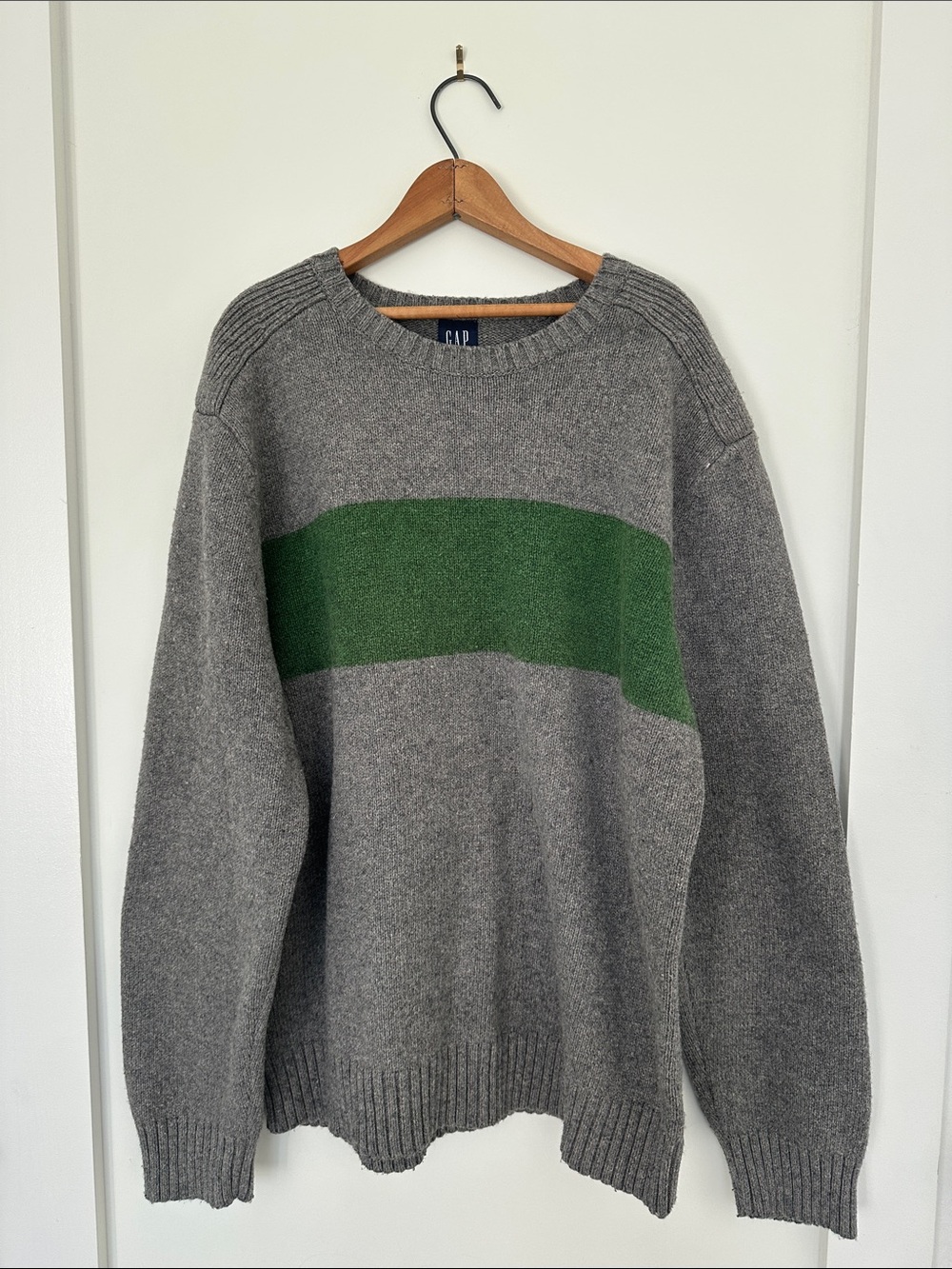 GAP Gray Crewneck Sweater with Green Chest Stripe